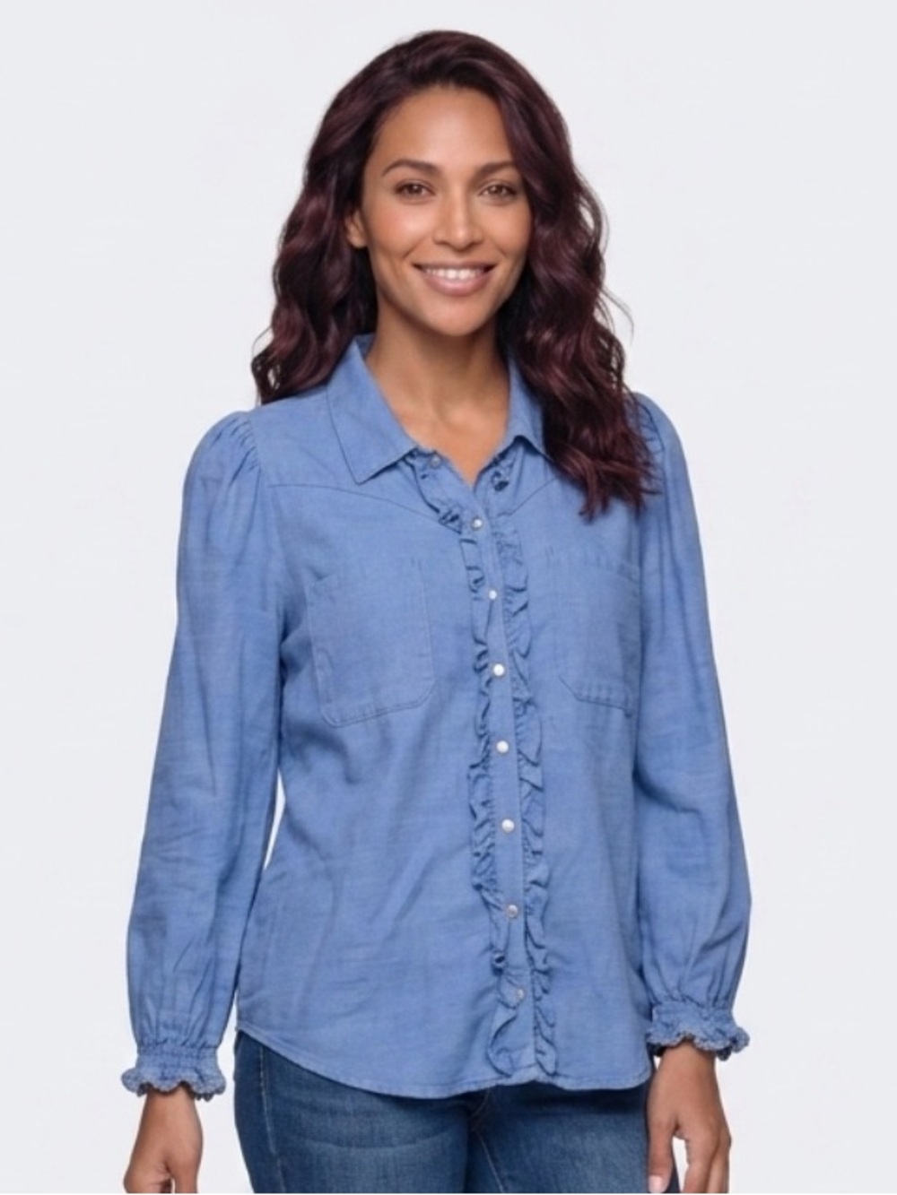 Democracy Blue Ruffle snap Front  M Chambray  Boho Peasant Top